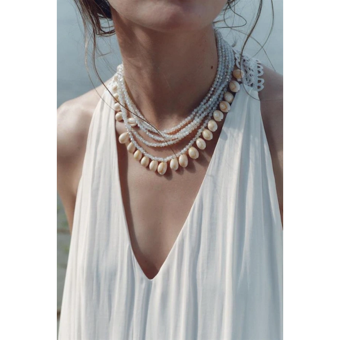 Kristal Boncuklu Kabuk Kolye - Beyaz