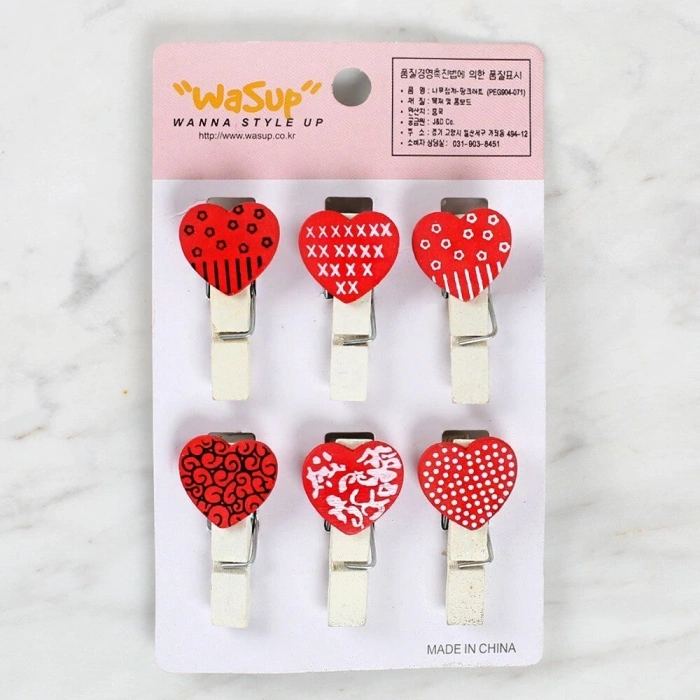 Loren Dekoratif Kırmızı Kalp Desenli Mandal 6lı