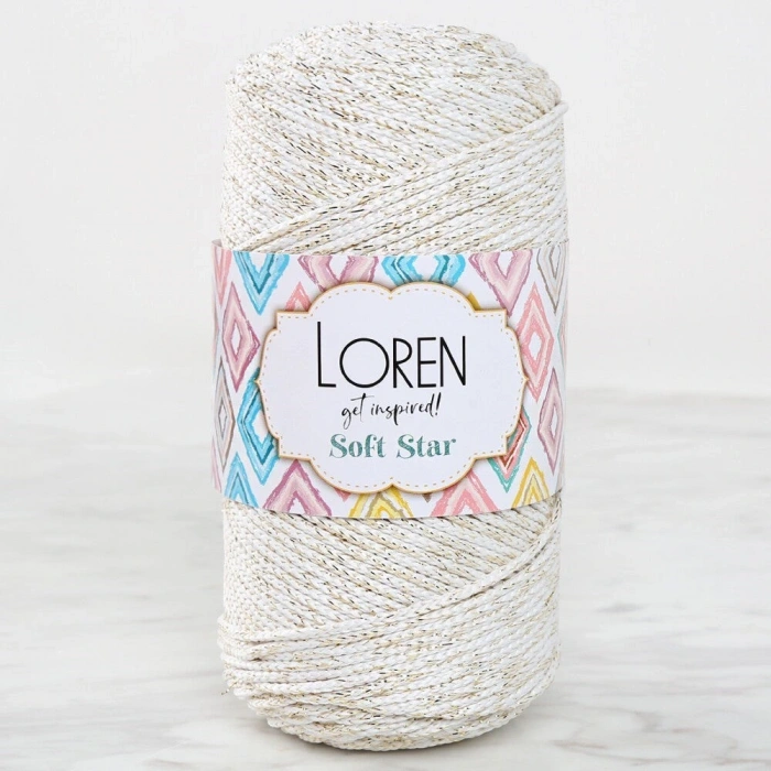 Loren Soft Star Makrome İpi Sarı Simli Krem RM103