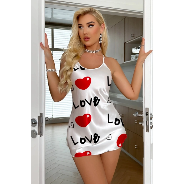 Love Desenli Beyaz Saten Gecelik