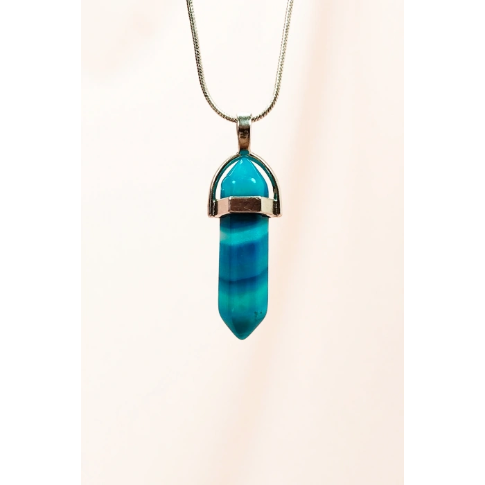 Mavi Akik Doğal Taşı Zincirli El Yapımı Tasarımlı Kolye Uç: 3,5 cm Zincir: 20 cm Kutulu