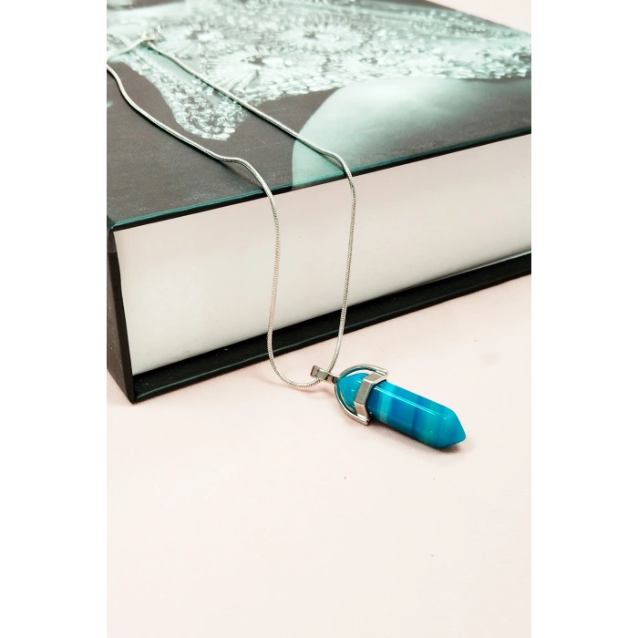 Mavi Akik Doğal Taşı Zincirli El Yapımı Tasarımlı Kolye Uç: 3,5 cm Zincir: 20 cm Kutulu