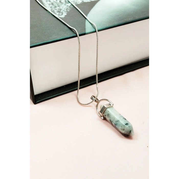 Mavi Kuvars Doğal Taşı Zincirli El Yapımı Tasarımlı Kolye Uç: 3,5 cm Zincir: 20 cm Kutulu