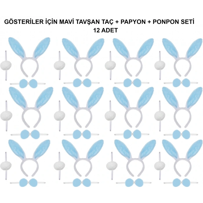 Mavi Tavşan Kostüm Seti – Taç, Papyon, Ponpon (12’li Paket)