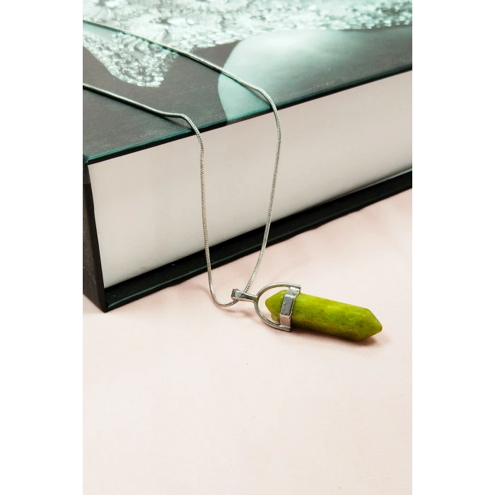 Moldavit Doğal Taşı Zincirli El Yapımı Tasarımlı Kolye Uç: 3,5 cm Zincir: 20 cm Kutulu