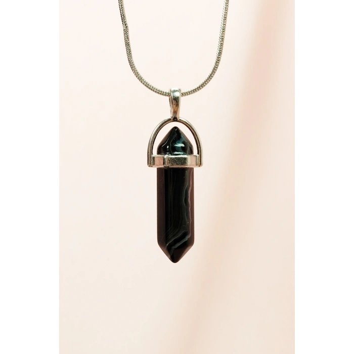 Obsidyen Doğal Taşı Zincirli El Yapımı Tasarımlı Kolye Uç: 3,5 cm Zincir: 20 cm Kutulu