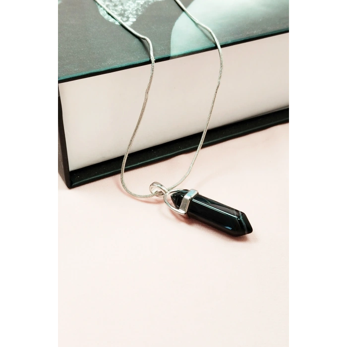 Obsidyen Doğal Taşı Zincirli El Yapımı Tasarımlı Kolye Uç: 3,5 cm Zincir: 20 cm Kutulu