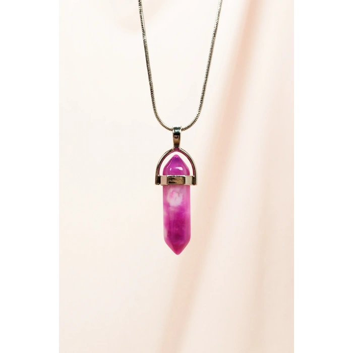 Pembe Akit Doğal Taşı Zincirli El Yapımı Tasarımlı Kolye Uç: 3,5 cm Zincir: 20 cm Kutulu