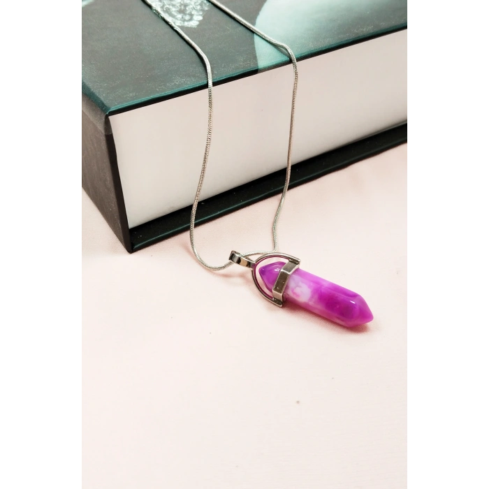 Pembe Akit Doğal Taşı Zincirli El Yapımı Tasarımlı Kolye Uç: 3,5 cm Zincir: 20 cm Kutulu