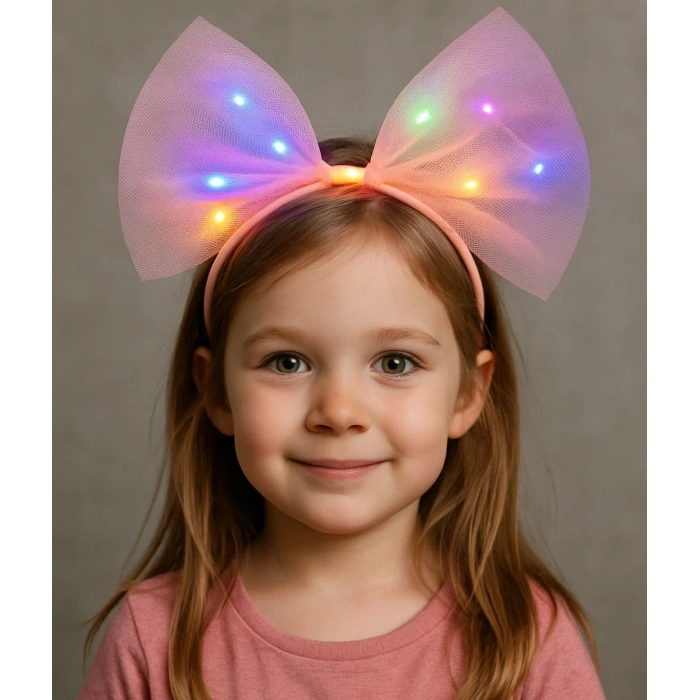 Rengarenk Led Işıklı Fiyonk Şekilli Tül Parti Tacı Pembe Renk 25x25 Cm