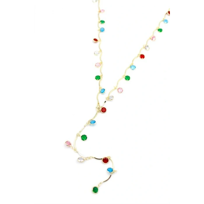 Renkli Taşlı Y Kolye - Altın