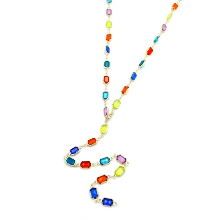 Renkli Taşlı Y Kolye - Altın