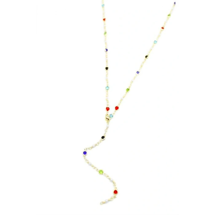 Renkli Taşlı Y Kolye - Altın