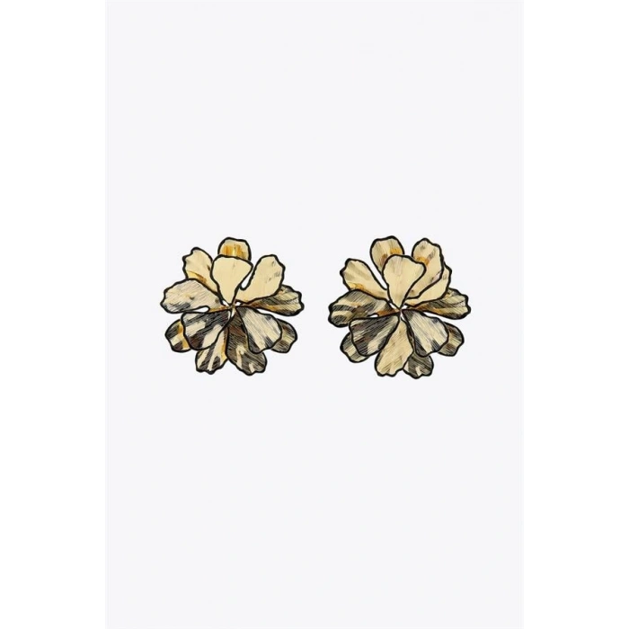 Siyah Detaylı Çiçek Küpe - Altın