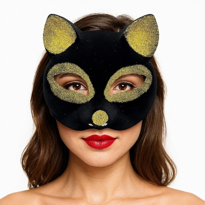 Siyah Renk Gold Simli Süet Kaplama Kedi Maskesi 18x14 Cm