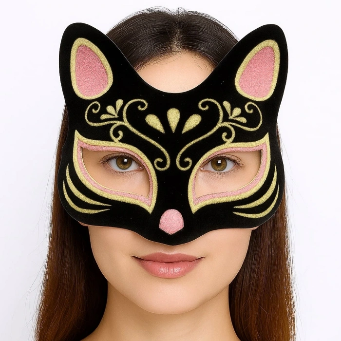Siyah Renk Süet Kaplama Üzeri Pembe Sarı Simli Kedi Maskesi 17x14 Cm
