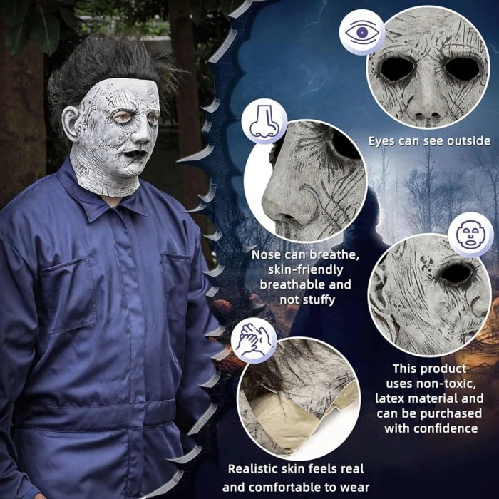 Siyah Saçlı Michael Myers Lateks Yüze Tam Yapışan Et Maske Korku Maskesi