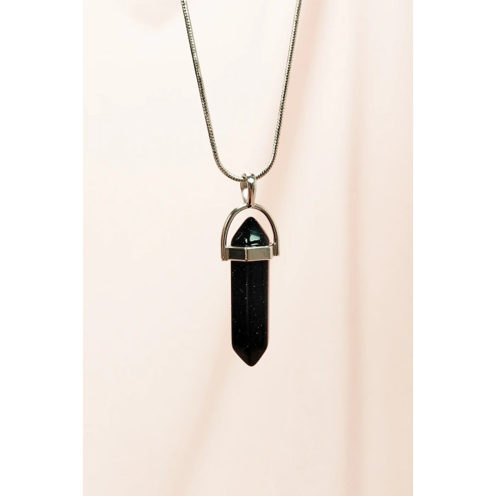 Siyah Yıldız Taşı Doğal Taşı Zincirli El Yapımı Tasarımlı Kolye Uç: 3,5 cm Zincir: 20 cm Kutulu