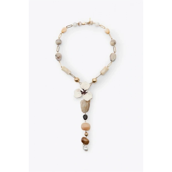 Taşlı Çiçek Kolye - Altın