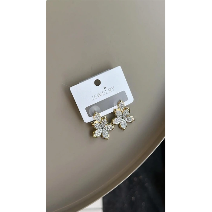 Taşlı Çiçek Küpe - Altın