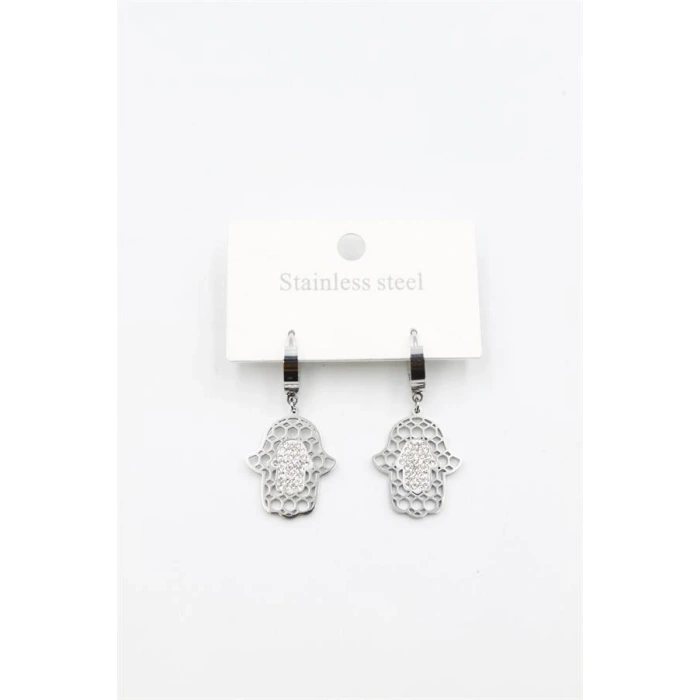 Taşlı Fatıma Eli Küpe - Gümüş