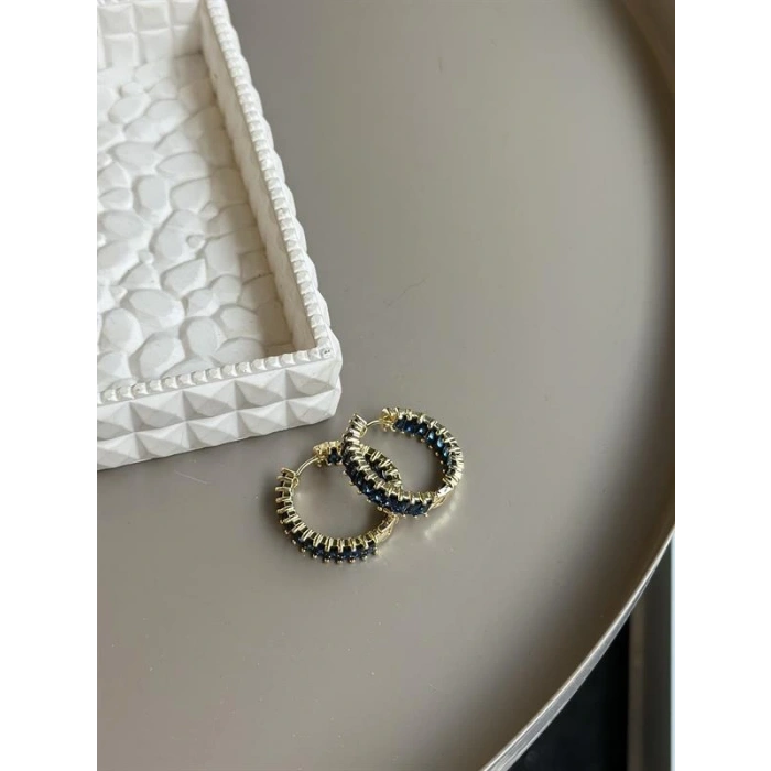 Taşlı Halka Küpe - Lacivert