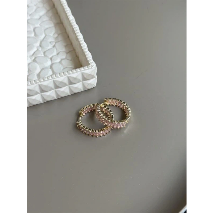 Taşlı Halka Küpe - Pembe