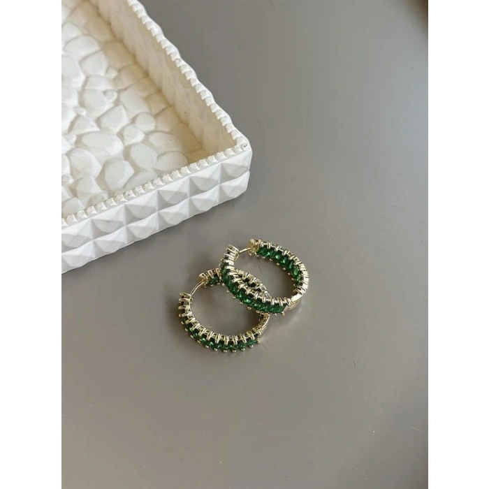 Taşlı Halka Küpe - Yeşil