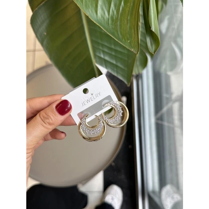 Taşlı Hilal Küpe - Altın