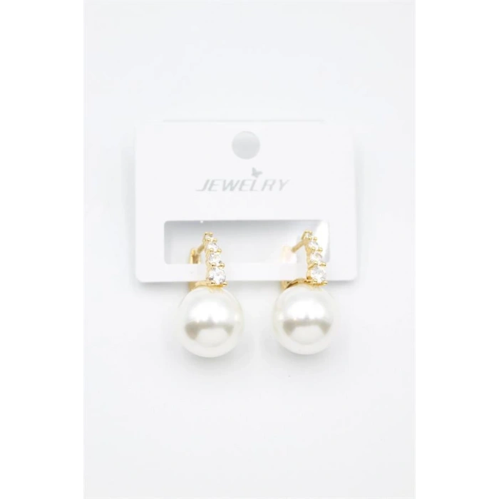 Taşlı İnci Küpe - Altın