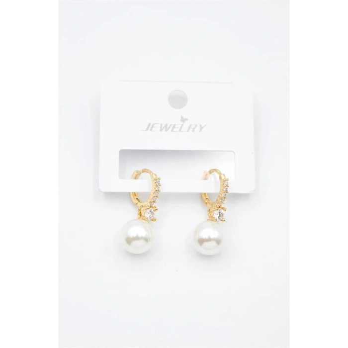 Taşlı İnci Küpe - Altın