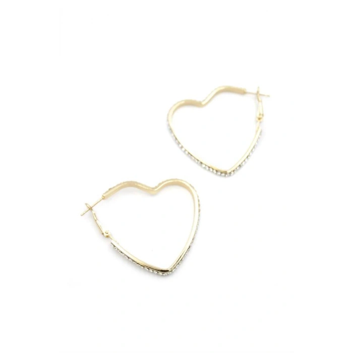 Taşlı Kalp Halka Küpe - Altın