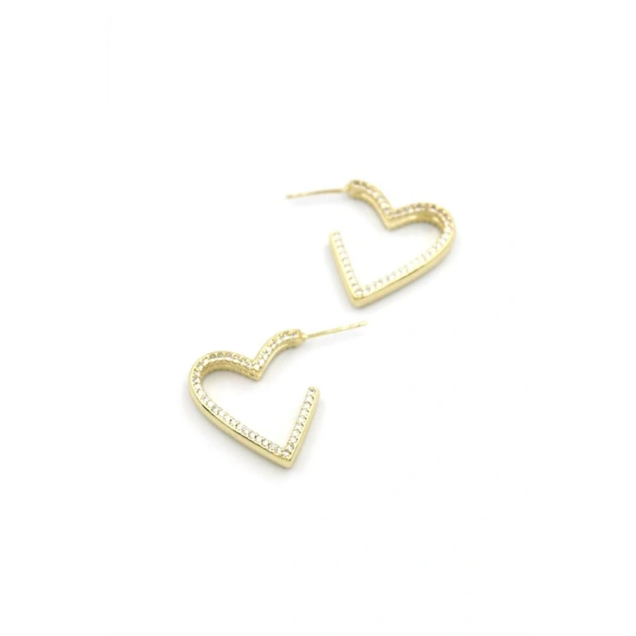 Taşlı Kalp Küpe - 14K Altın