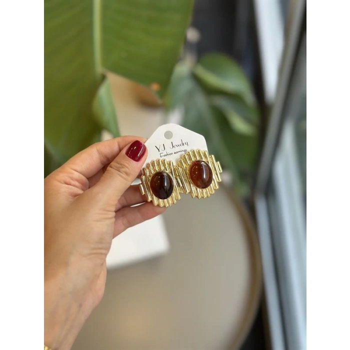 Taşlı Küpe - Kahverengi