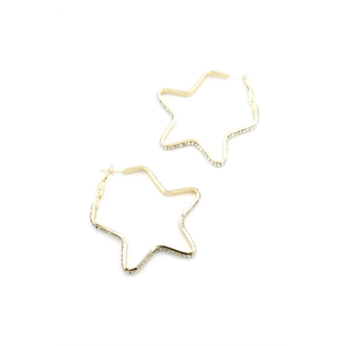 Taşlı Yıldız Halka Küpe - Altın