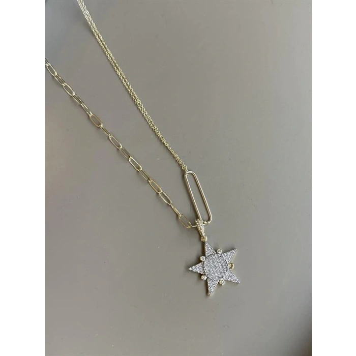 Taşlı Yıldız Kolye - Altın