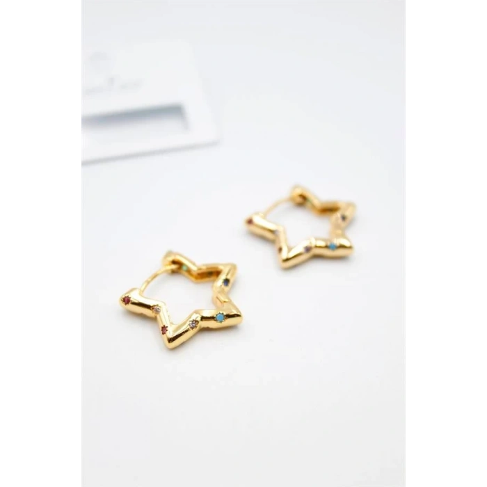 Taşlı Yıldız Küpe - Altın