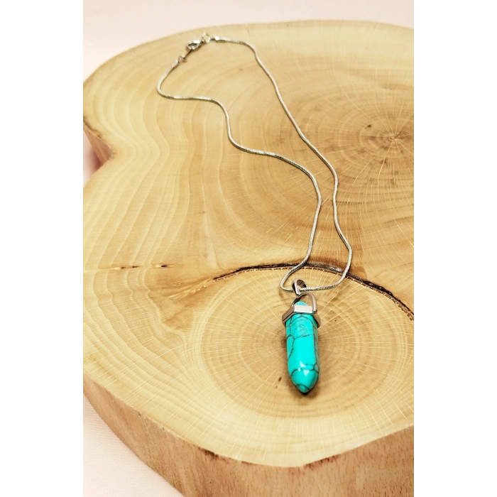 Turkuaz Doğal Taşı Zincirli El Yapımı Kolye Uç: 3 cm Zincir: 20 cm Kutulu