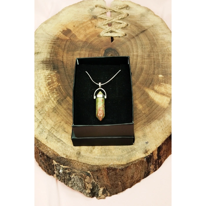 Unakit Doğal Taşı Zincirli El Yapımı Kolye Uç: 3 cm Zincir: 20 cm Kutulu
