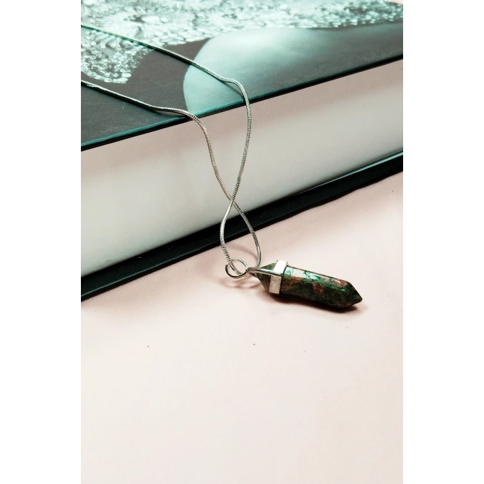 Unakit Doğal Taşı Zincirli El Yapımı Tasarımlı Kolye Uç: 3,5 cm Zincir: 20 cm Kutulu