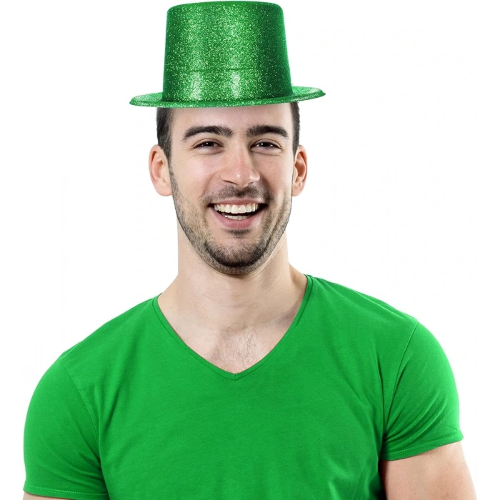 Yeşil Renk Parıltılı Simli Fötr Silindir Parti Şapkası