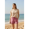 Bambu Fitilli Kadın Ev Şortu Bacak Dantel Detaylı Ev Giyim Fuşya