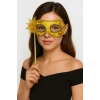 Lüks Taşlı Saplı Maskeli Balo Maskesi Altın Renk 35 Cm