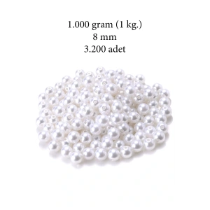 1.000 gram (1 kg.) 8mm Beyaz Renk Plastik İnci Boncuk Çanta ve Takı Yapım Boncuğu (~3.200 adet)