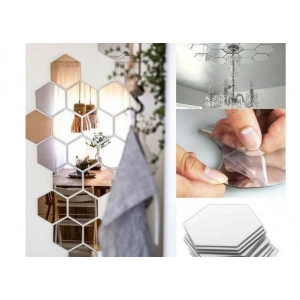 12 Adet Orta Boy Yapışkanlı Dekoratif Akrilik Ayna Altıgen