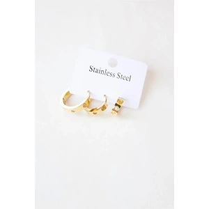 3lü Taşlı Çelik Halka Küpe - Altın