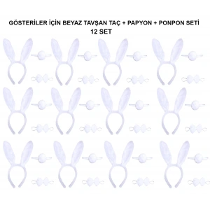Beyaz Tavşan Kostüm Seti – Taç, Papyon, Kuyruk (12’li Paket)