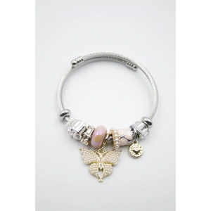Çelik Charmlı Kelebek Bileklik - Pembe