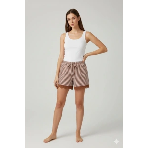 Çizgili Penye Kadın Ev Şortu Bacak Dantel Detaylı Ev Giyim Kahverengi
