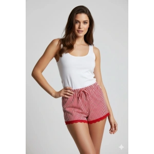 Çizgili Penye Kadın Ev Şortu Bacak Dantel Detaylı Ev Giyim Kırmızı